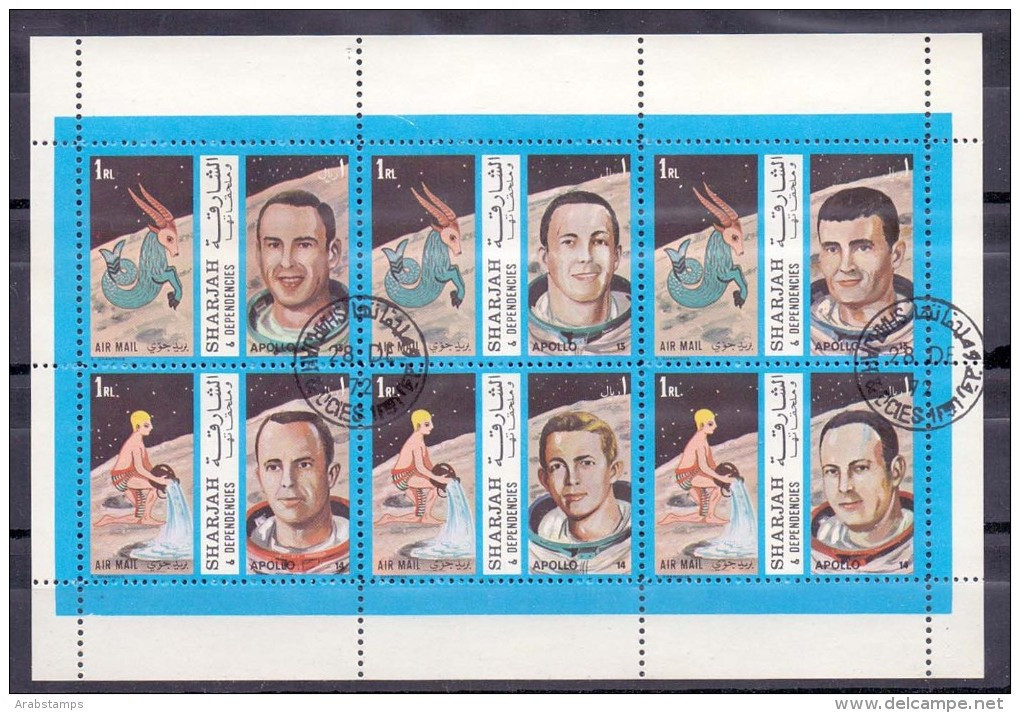 SHARJAH 100 Sheetlet 1972  Men Space With Aquarius  Perf Complete Set 6 Values Used CTO - Sharjah