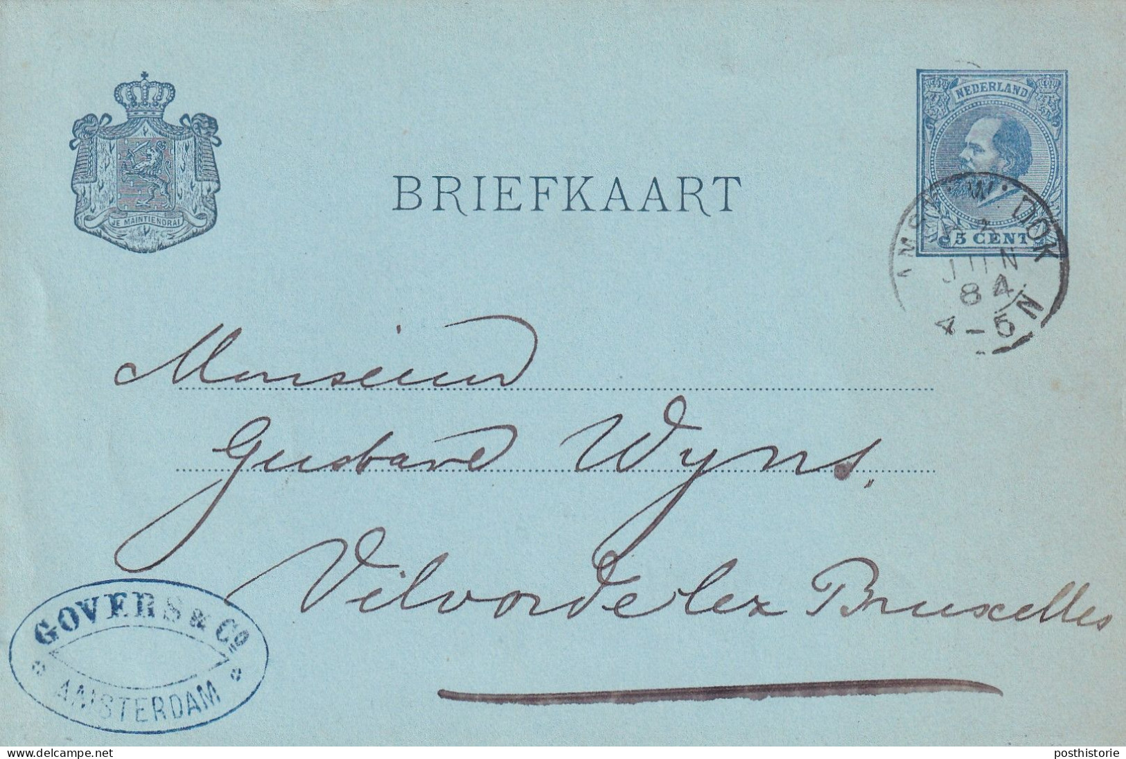 Briefkaart  23 Jun 1884 Amst: W: Dok  (bijkantoor Kleinrond) Naar Vilvoorde (Belgie) - Storia Postale