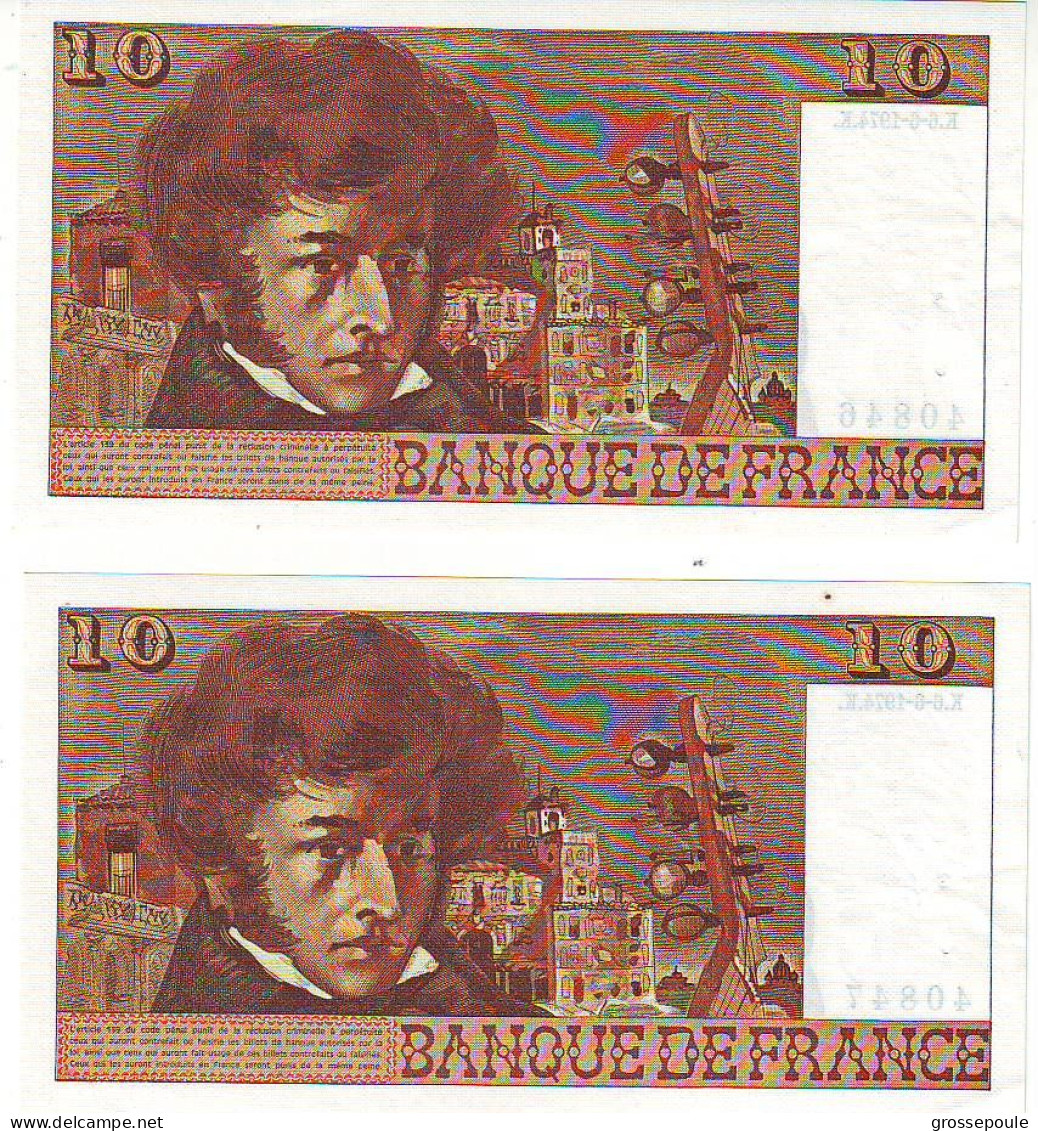 Série De 2 Billets 10 Francs BERLIOZ - Du 6 JUIN 1974 - LES NUMEROS SE SUIVENT - SUP - 1 épinglage - 10 F 1972-1978 ''Berlioz''