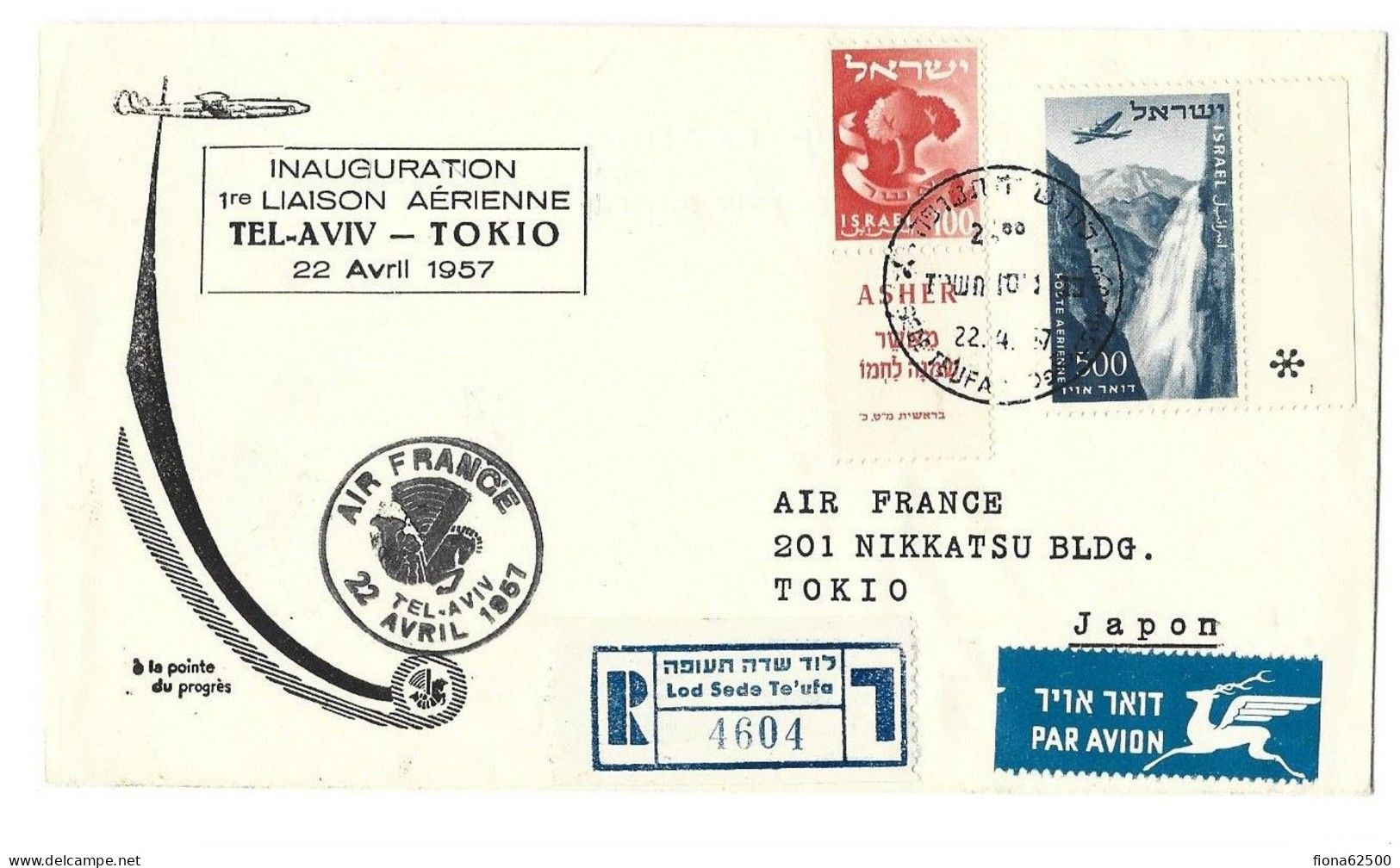 INAUGURATION . 1 ére LIAISON AERIENNE . TEL - AVIV - TOKIO . 22 AVRIL 1957 . - Aéreo