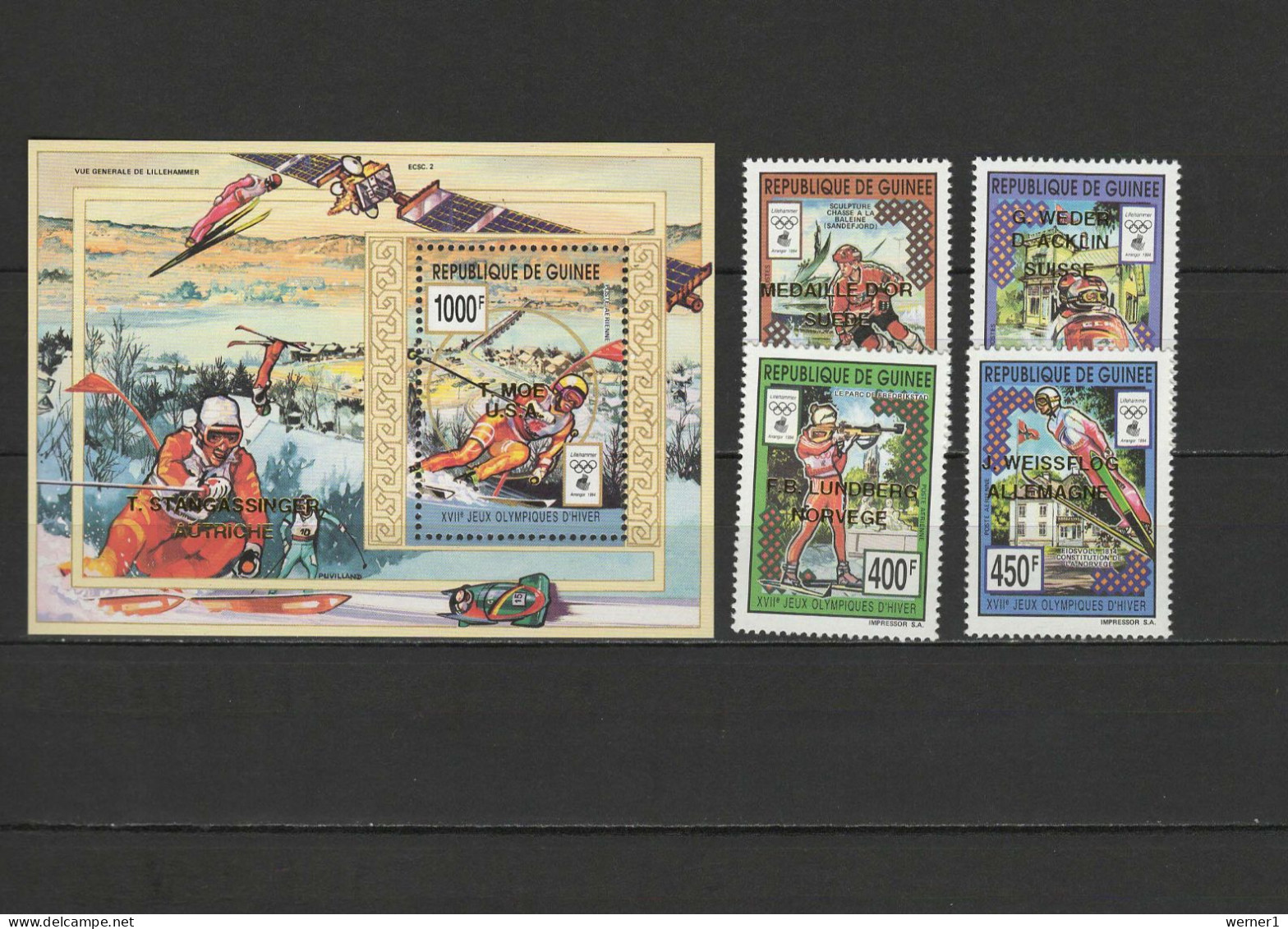 Guinea 1994 Olympic Games Lillehammer, Space Set Of 4 + S/s With Winners Overprint In Gold MNH - Hiver 1994: Lillehammer