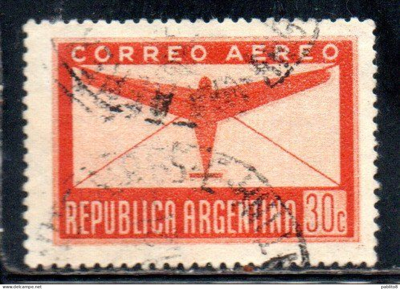 ARGENTINA 1940  AIR POST MAIL CORREO AEREO AIRMAIL PLANE AND LETTER  30c USED USADO OBLITERE' - Luftpost