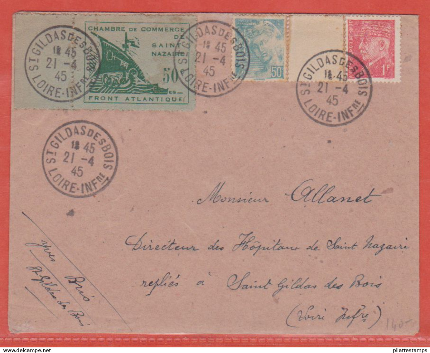 FRANCE GUERRE N°8 SAINT NAZAIRE SUR LETTRE DE 1945 DE SAINT GILDAS DES BOIS - Guerre (timbres De)