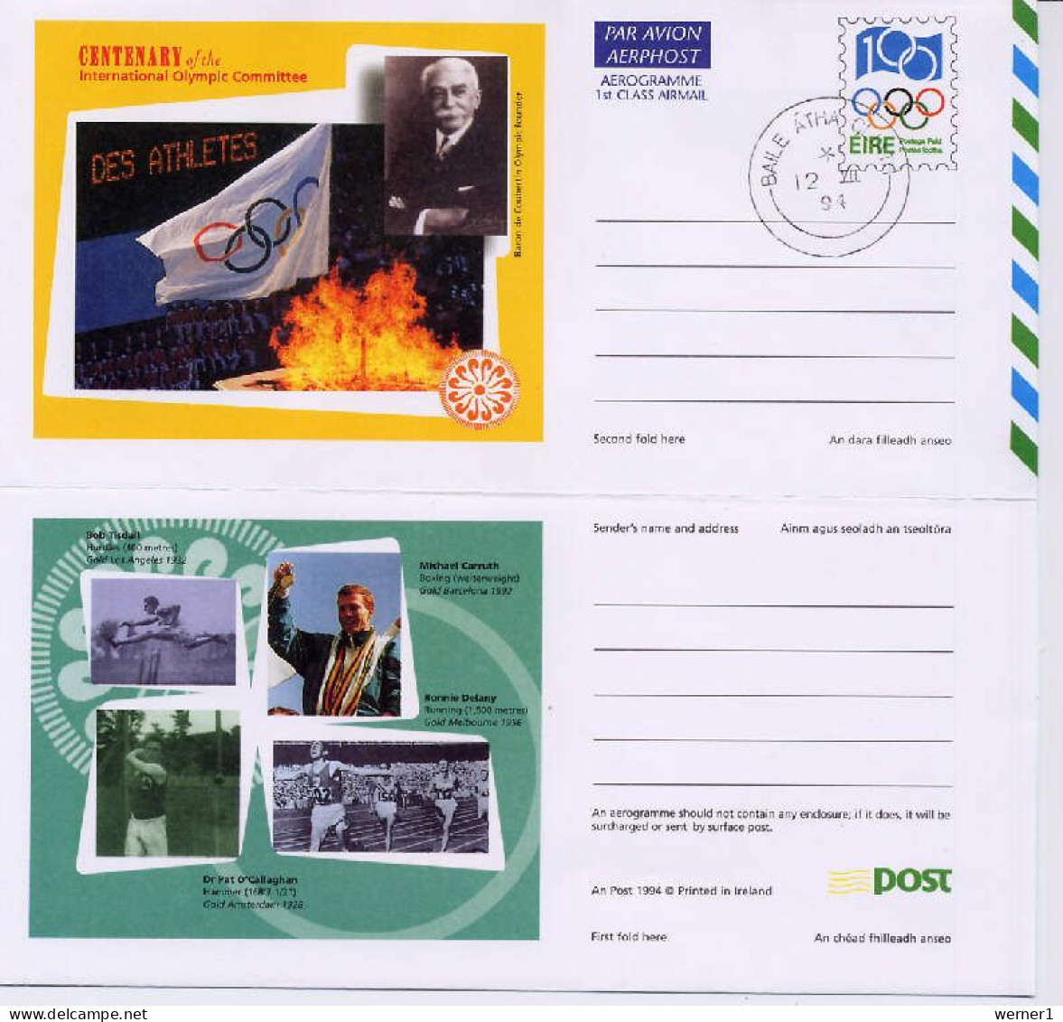 Ireland 1994 Olympic Games IOC Centenary Commemorative Aerogramme - Altri & Non Classificati