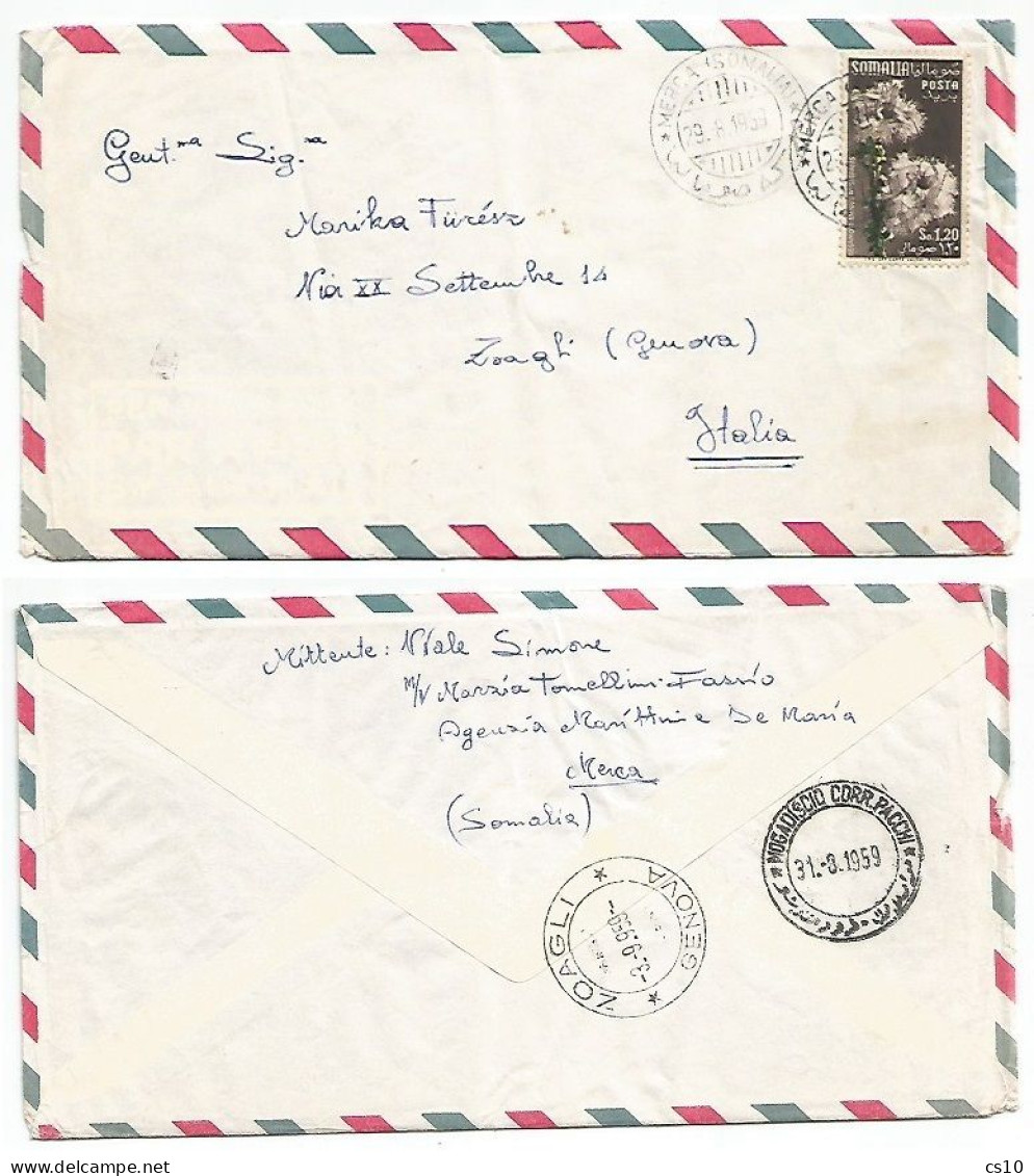 Somalia AFIS AirmailCV Merca 29aug1959 X Italy With Regular Issue S.1.20 Solo Franking - With Text Enclosed - Somalia (AFIS)