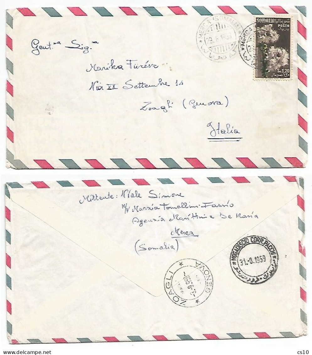 Somalia AFIS AirmailCV Merca 29aug1959 X Italy With Regular Issue S.1.20 Solo Franking - With Text Enclosed - Somalia (1960-...)