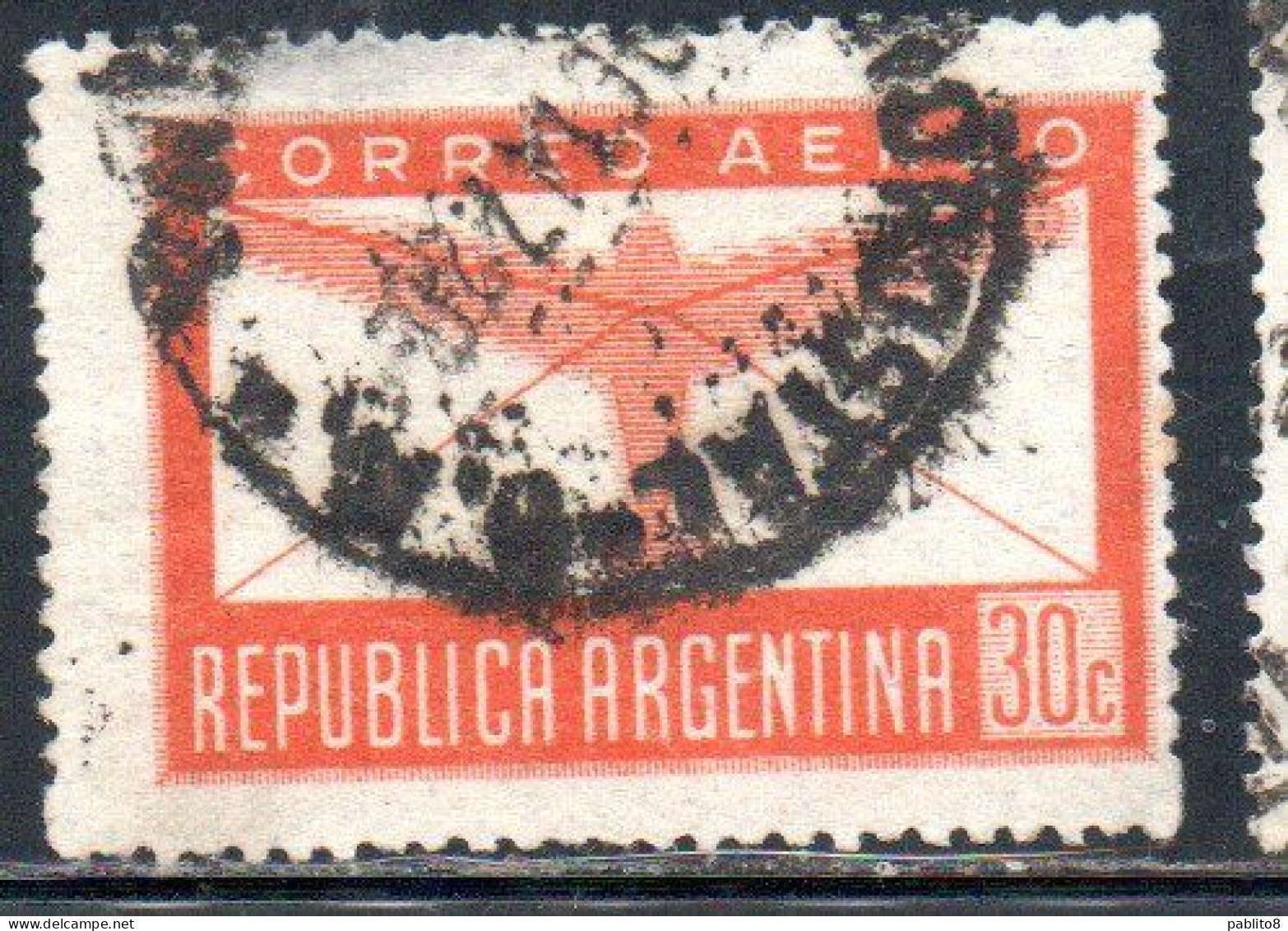 ARGENTINA 1942 1948  AIR POST MAIL CORREO AEREO AIRMAIL PLANE AND LETTER 30c USED USADO OBLITERE' - Poste Aérienne