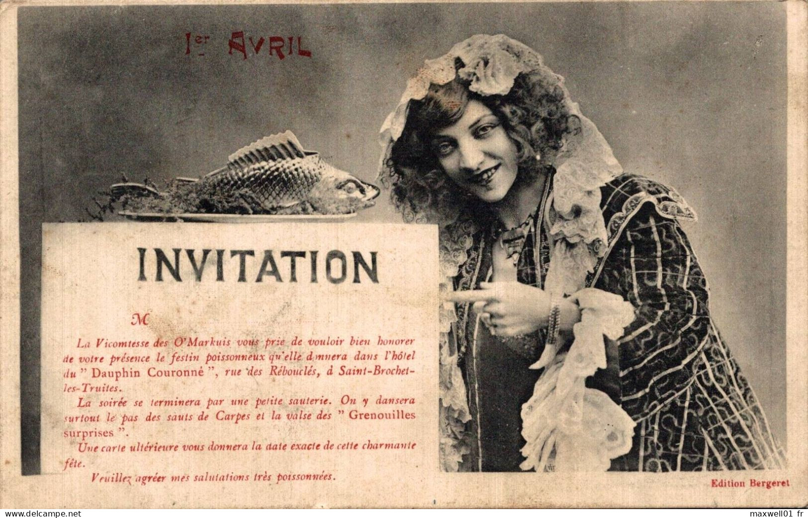 O4 - Carte Postale Fantaisie - Femme - Invitation - 1er Avril - Bergeret - 1er Avril - Poisson D'avril