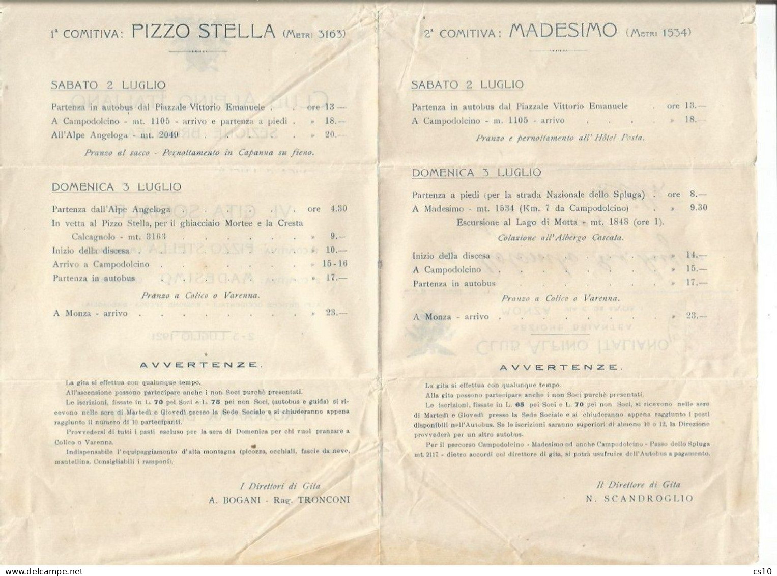 Alpinismo Mountaineering 2/3lug 1921 Programma / Invito Gita Sociale CAI Brianza Pizzo Stella / Madesimo - Altri & Non Classificati