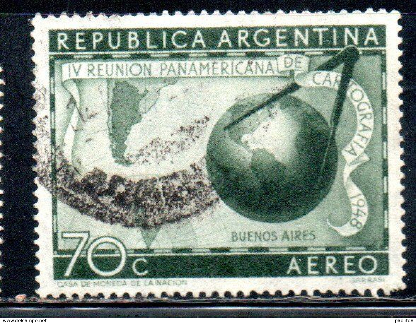 ARGENTINA 1948 1949  AIR POST MAIL CORREO AEREO AIRMAIL PAN AMERICAN RIUNION OF CARTHOGRAPHERS MAP GLOBE 70c USED USADO - Posta Aerea