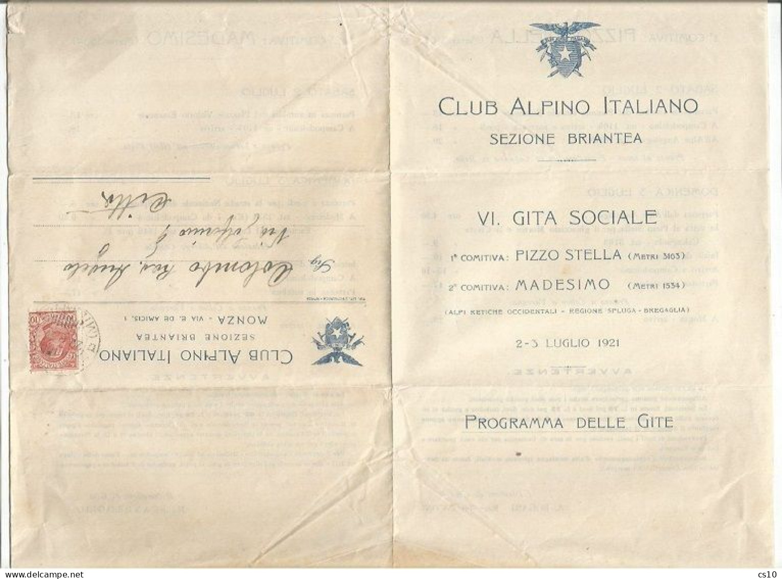Alpinismo Mountaineering 2/3lug 1921 Programma / Invito Gita Sociale CAI Brianza Pizzo Stella / Madesimo - Mountaineering, Alpinism