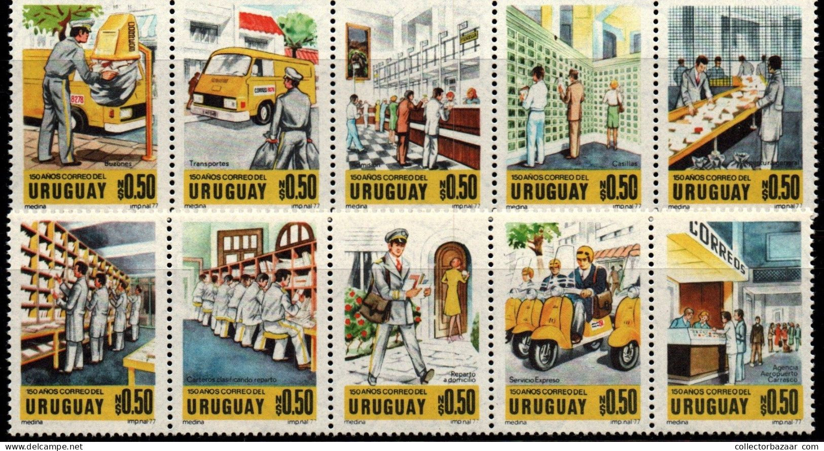 1977 Mail Collection Uruguayan Postal Service 150th Anniversary #991- 1000 ** MNH SCOOTER VESPA VAN - Uruguay