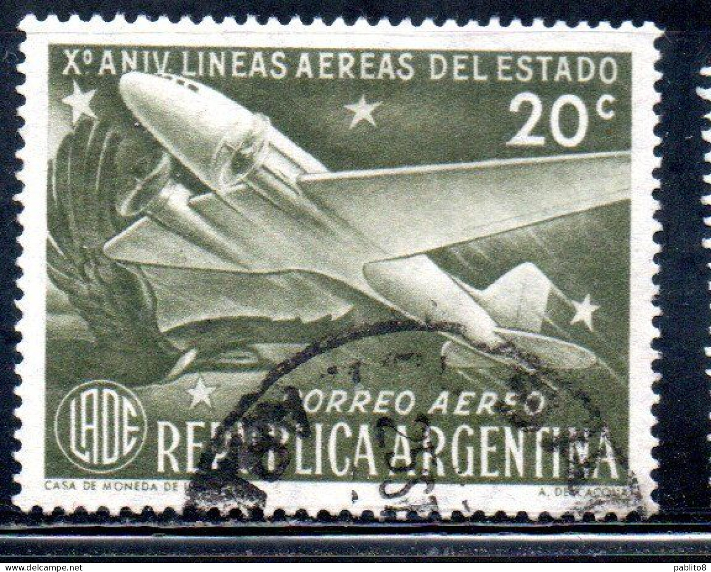 ARGENTINA 1951  AIR POST MAIL CORREO AEREO AIRMAIL 10th ANNIVERSARY OF THE STATE AIRLINES DOUGLAS DC-3 20c USED USADO - Aéreo