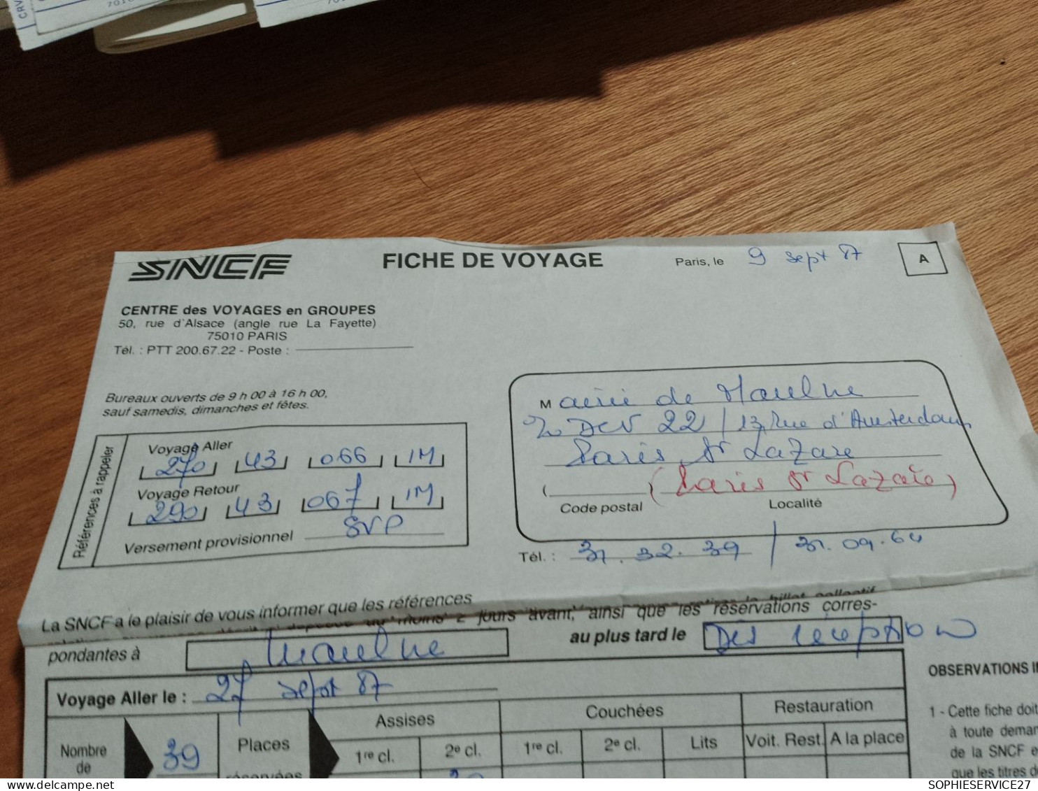 155 // FICHE DE VOYAGE SNCF  1987 / PARIS / QUIMPER - Andere & Zonder Classificatie