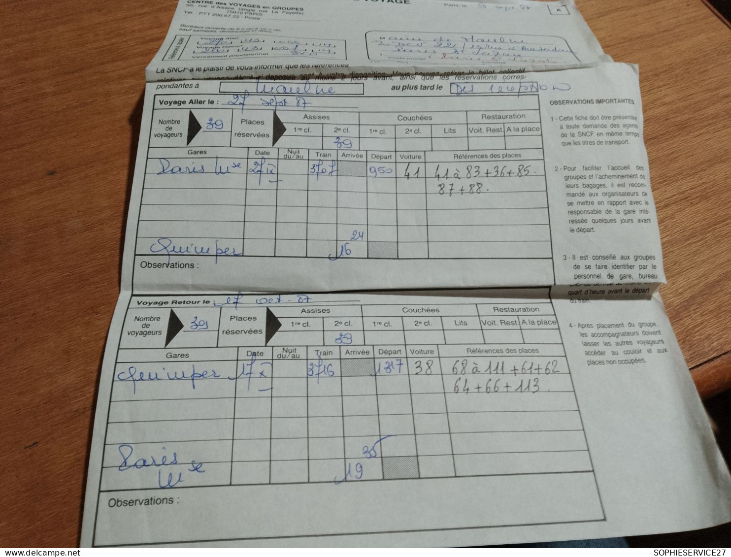 155 // FICHE DE VOYAGE SNCF  1987 / PARIS / QUIMPER - Autres & Non Classés