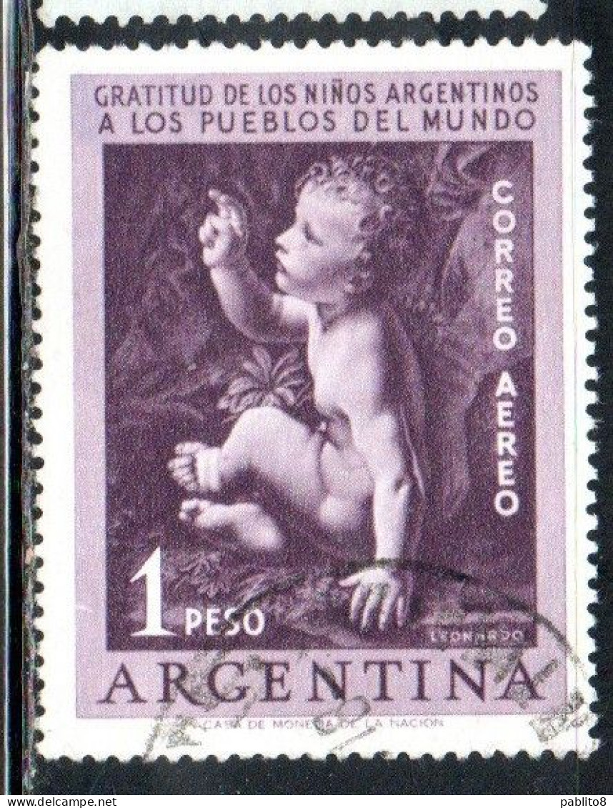 ARGENTINA 1956  AIR POST MAIL CORREO AEREO AIRMAIL HELP AGAINST POLIOMYELITIS JESUS BY LEONARDO DA VINCI 1p USED USADO - Airmail