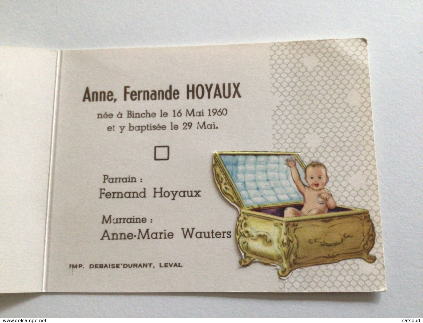 Ancien Faire-part De Naissance (Baptême) (1960) Binche Anne Fernande HOYAUX - Naissance & Baptême