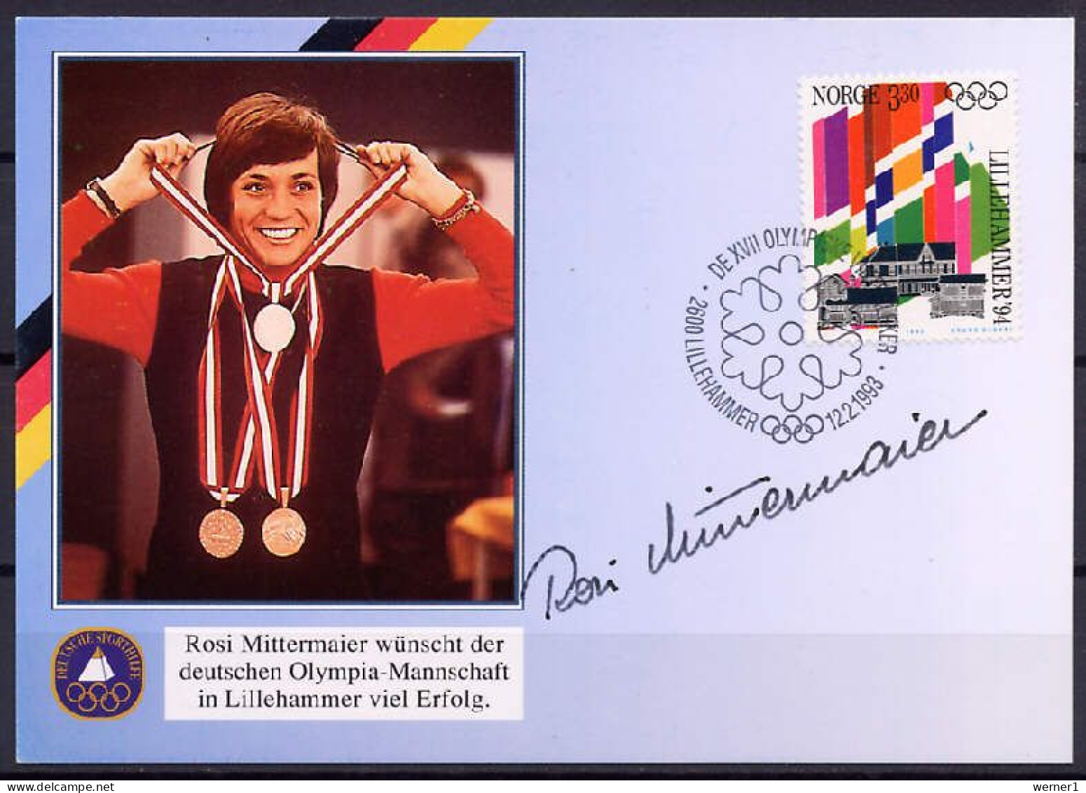 Norway 1993 Olympic Games Lillehammer Autograph Card With Signature Of Rosi Mittermaier - Inverno1994: Lillehammer