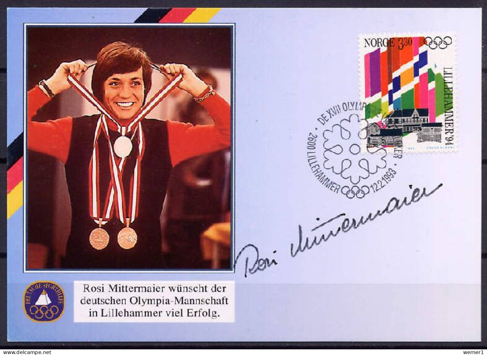 Norway 1993 Olympic Games Lillehammer Autograph Card With Signature Of Rosi Mittermaier - Invierno 1994: Lillehammer