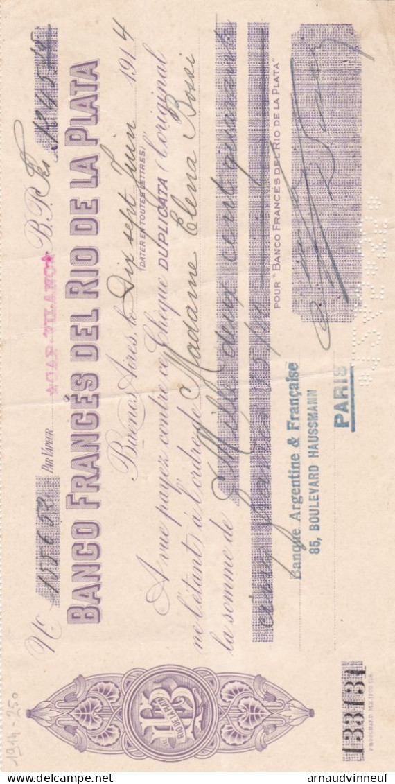 BANCO FRANCES DEL RIO DE LA PLATA 1914 - Schecks  Und Reiseschecks