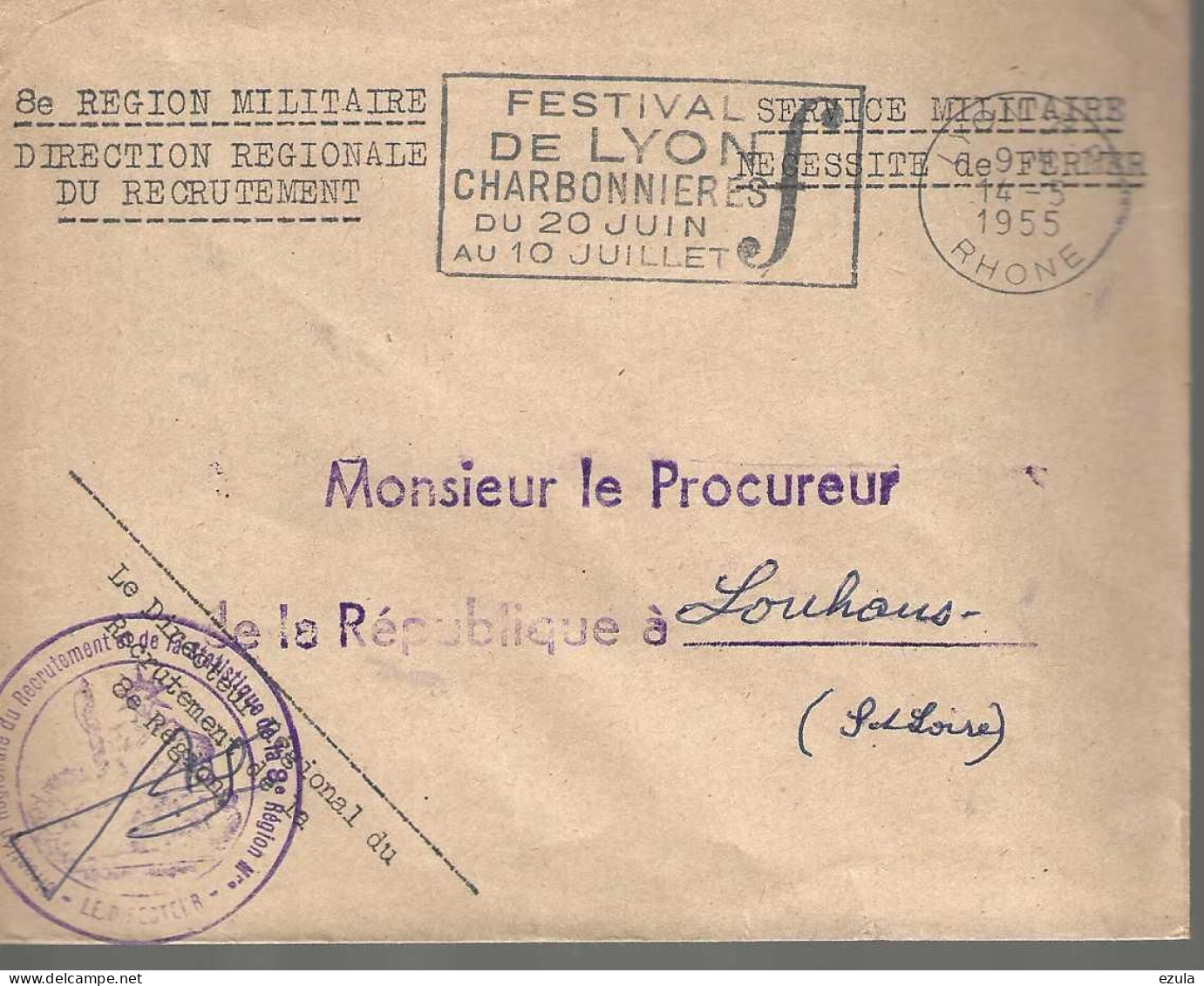 Lettre Militaire - 8è Région , Direction Régionale De Recrutement En Franchise Pour Le Procureur De Louhans - Tarifas Postales