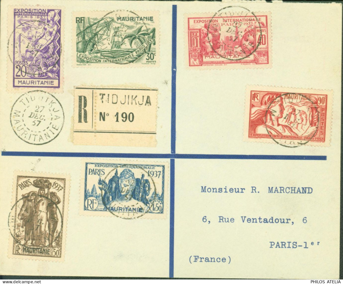 Mauritanie Recommandé Tidjikdja YT N°66 à 71 Exposition Internationale Paris Série Complète CAD Tidjikja 27 DEC 37 - Storia Postale