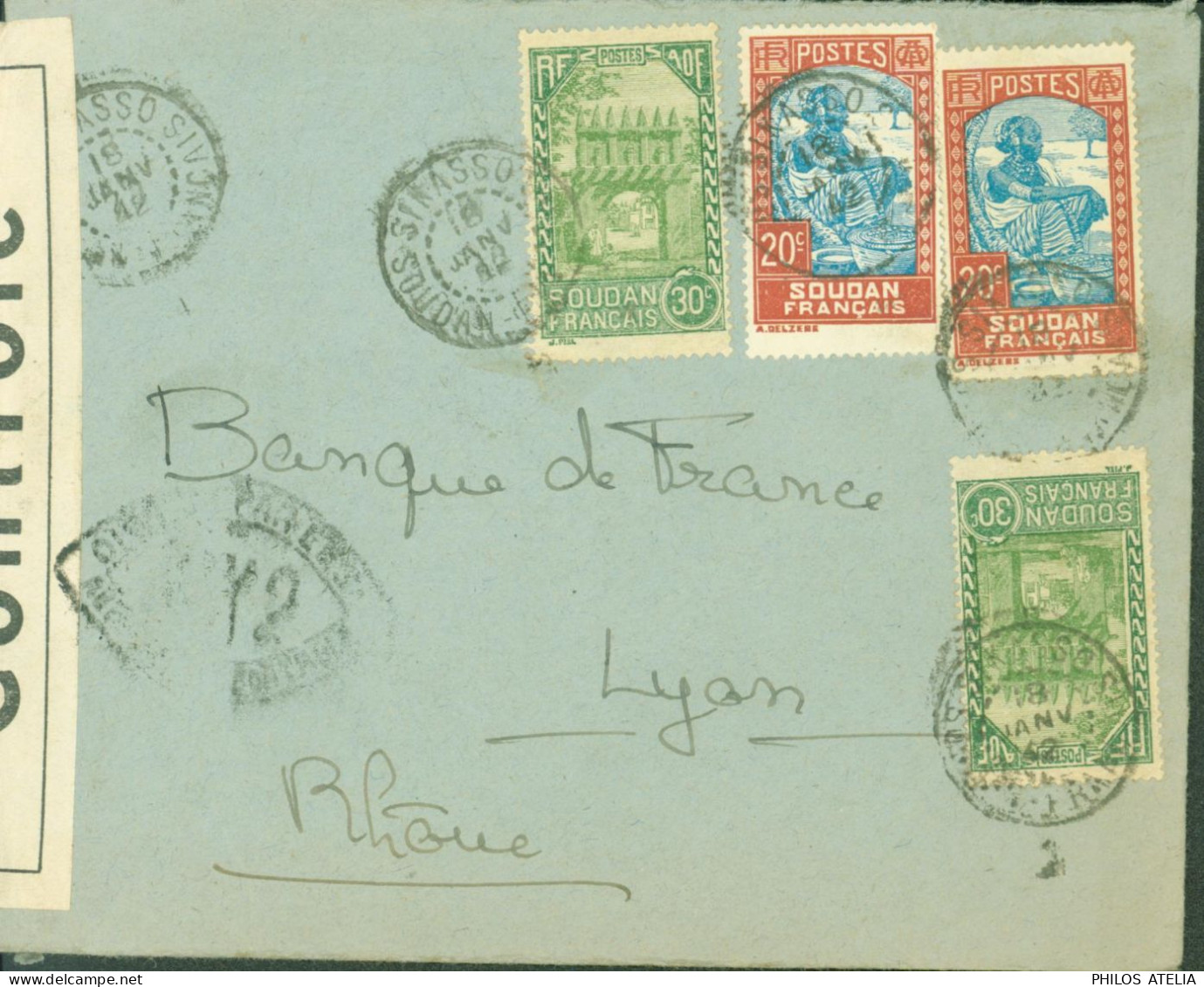 Soudan Français YT N°66 X2 Laitière Peulh + 68 X2 Porte Djenné CAD Sikasso 18 1 42 Censure Bande + Cachet WK2 Marseille - Cartas & Documentos