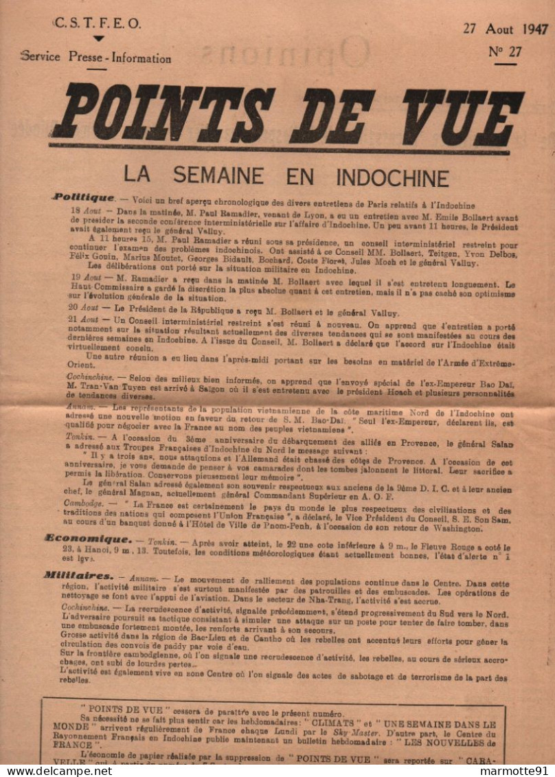 POINTS DE VUE CSTFEO 1947 SERVICE PRESSE  ARMEE FRANCAISE INDOCHINE INDOCHINA CEFEO - French