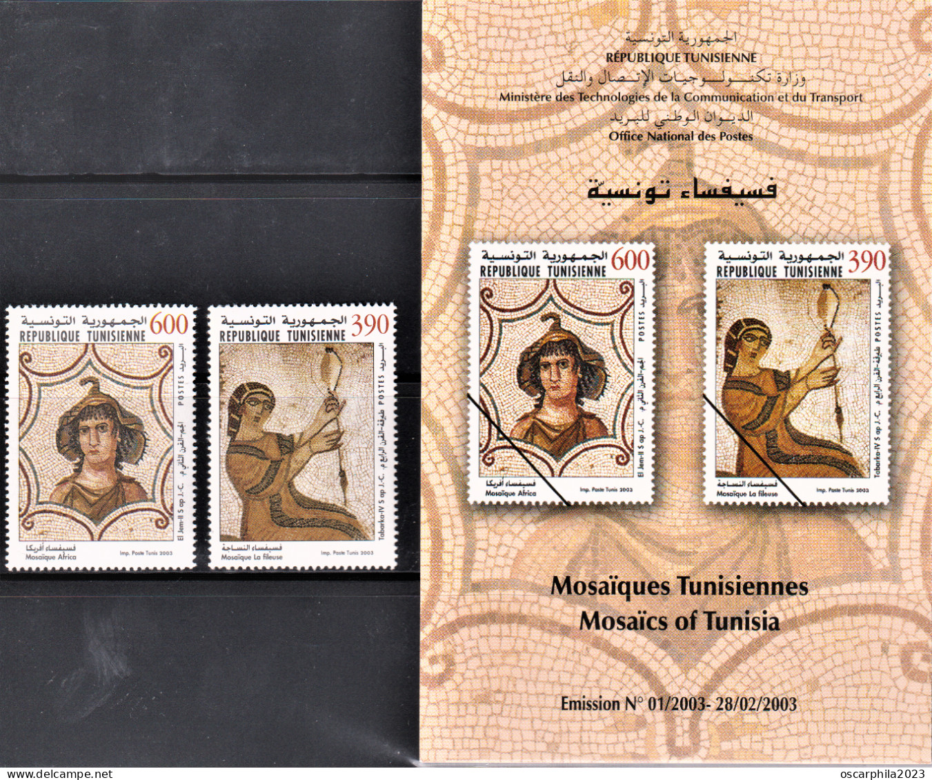 2003-Tunisie/Y&T1476-1477- Art, Moisaïques Tunisiennes/"La Fileuse" Tabarka &"Africa"El Jem 2V/s.c MNH***+ Prospectus - Archéologie