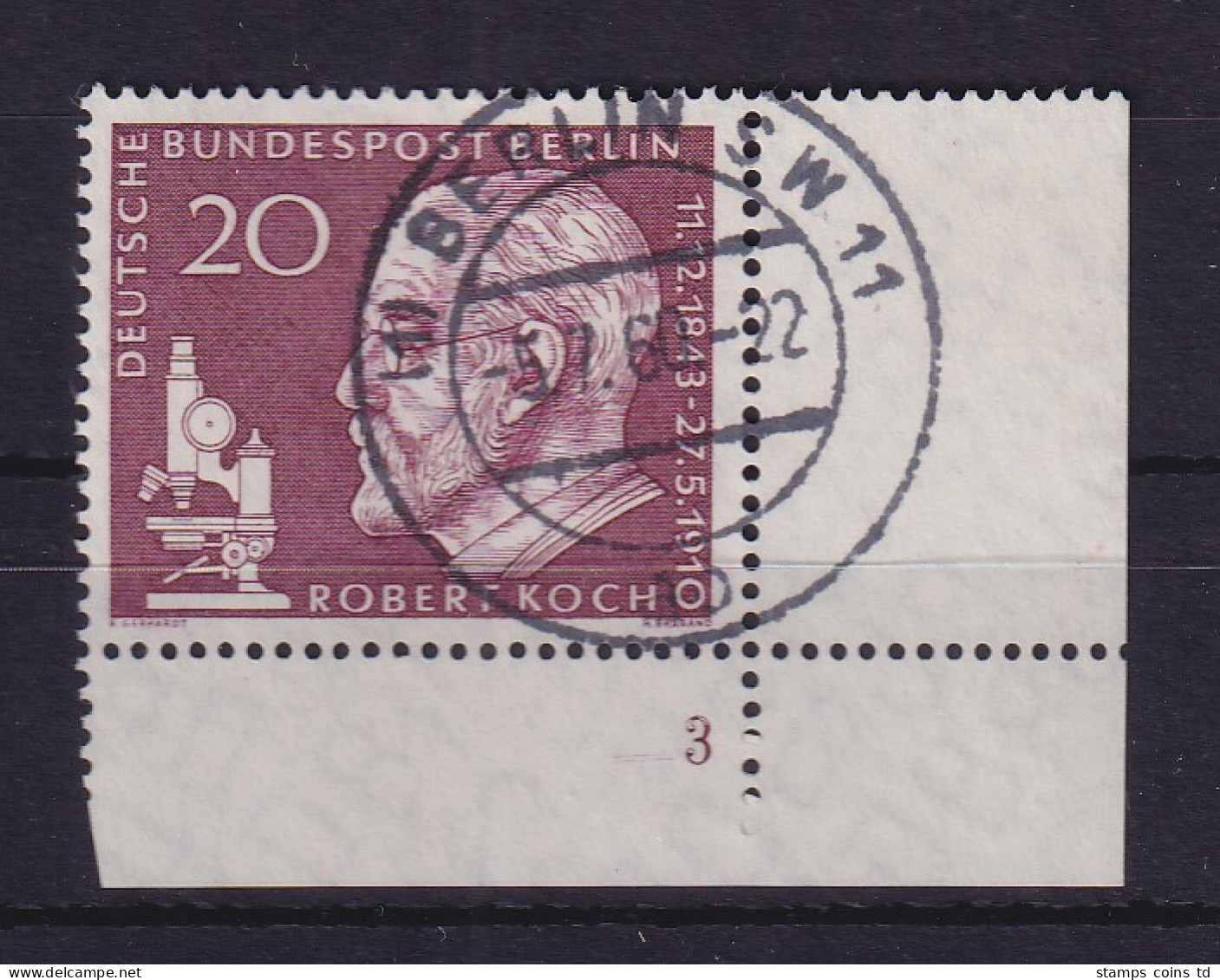 Berlin 1960 Robert Koch Mi-Nr. 191 Eckrandstück UR Mit Formnummer 3 Gestempelt  - Gebraucht