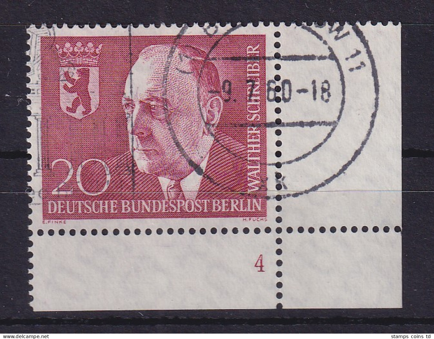 Berlin 1960 W. Schreiber Mi-Nr. 192 Eckrandstück UR Mit Formnummer 4 Gestempelt  - Gebruikt