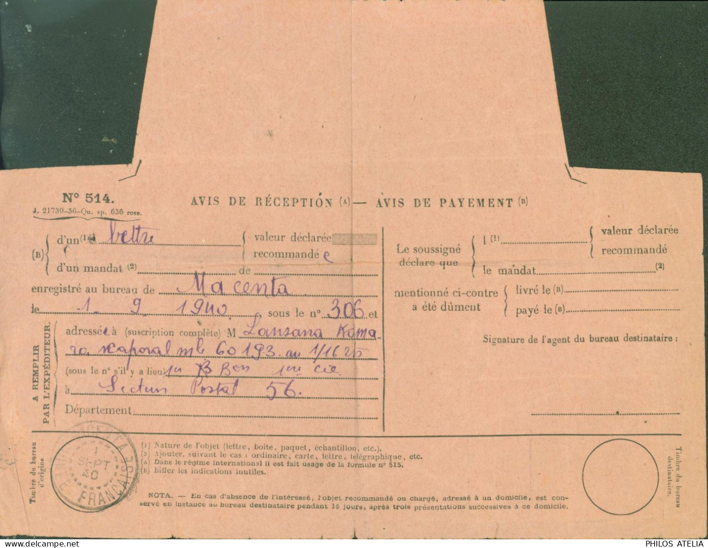Guinée Française Avis De Réception Pour Objet Chargé Ou Recommandé Avis Paiement Pour Secteur Postal 56 YT 133 134x2 - Lettres & Documents