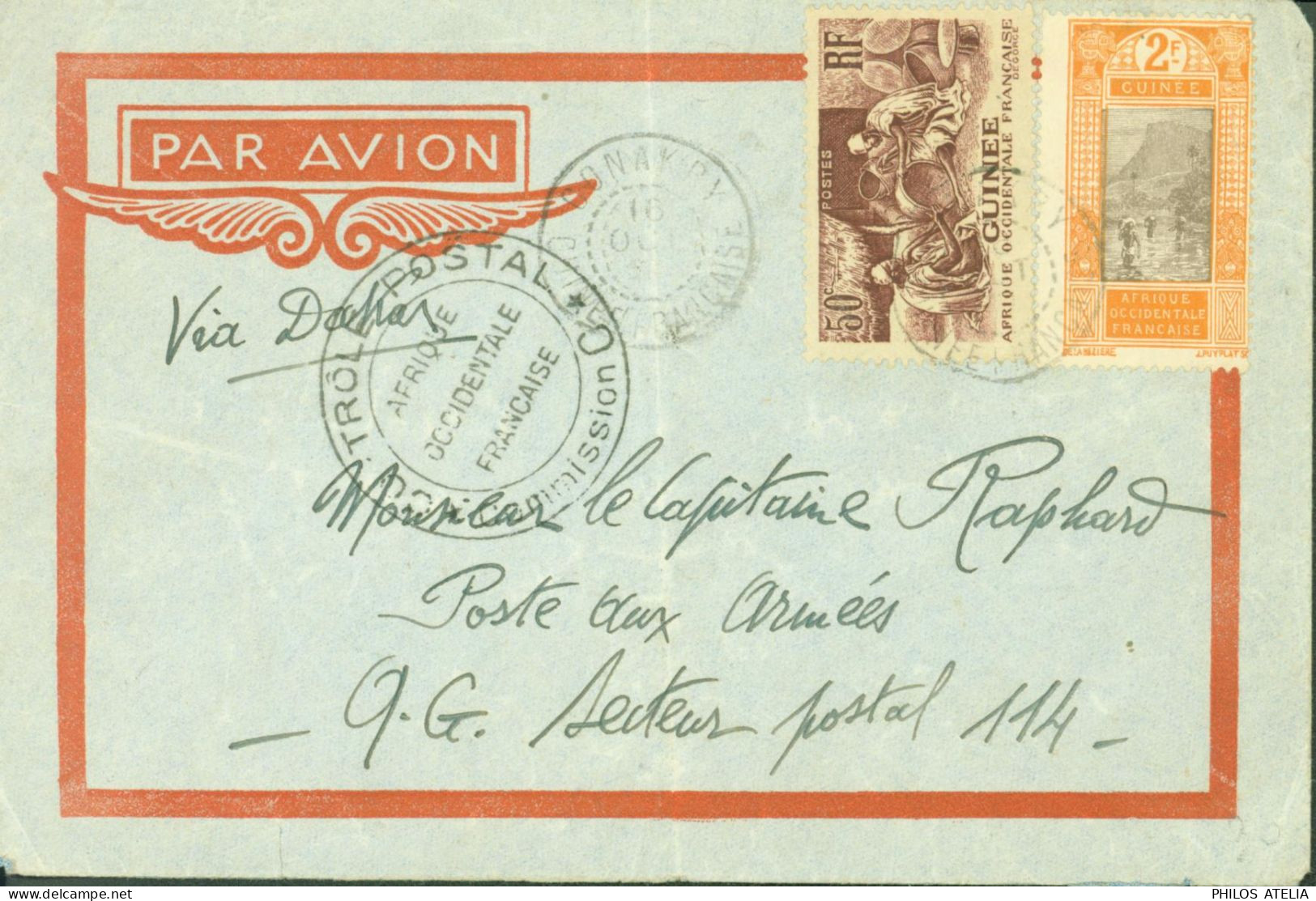 Guinée Française Par Avion YT N°78 2F Orange & Brun + 135 Pour Secteur Postal 114 CAD Conakry Censure Commission C AOF - Storia Postale