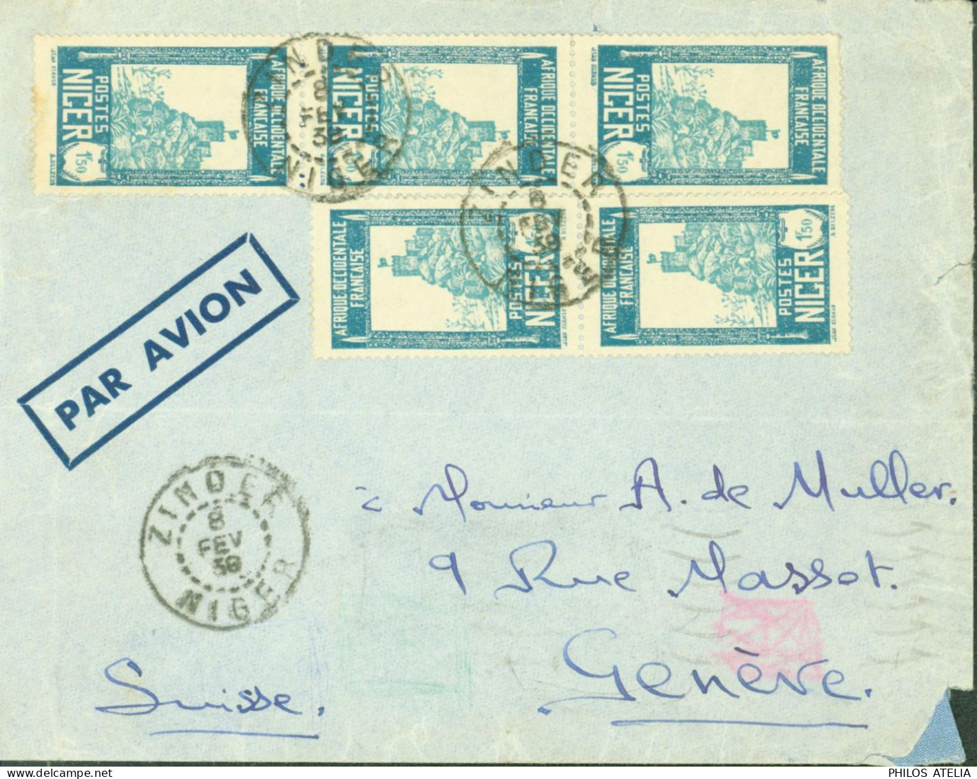 Niger Lettre Par Avion YT N°47 X5 + Dos YT 59 Exposition Internationale Paris 1937 X3 CAD Zinder Niger 8 FEV 38 - Storia Postale