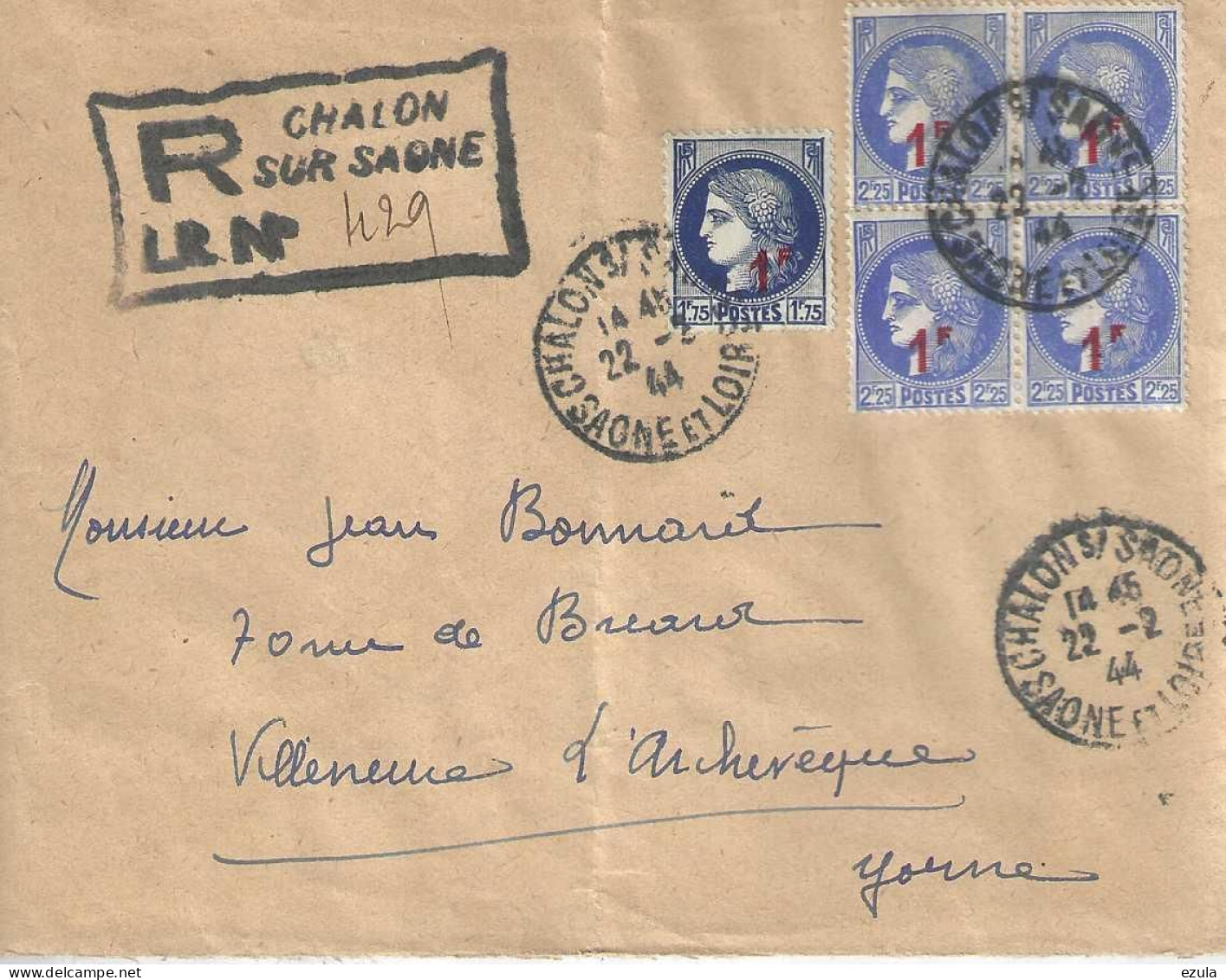 Bloc De 4 Du N° 487 Et 1 N° 486 Timbres Avec Surcharge- Lettre Recommandée Du 22/02/44 - Posttarieven