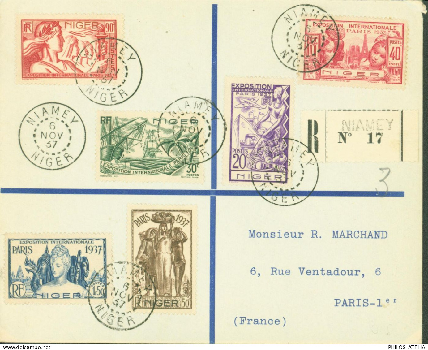 Niger Exposition Internationale Paris 1937 YT N°57 à 62 Série Complète Sur Lettre Recommandée CAD Niamey 6 11 37 - Lettres & Documents