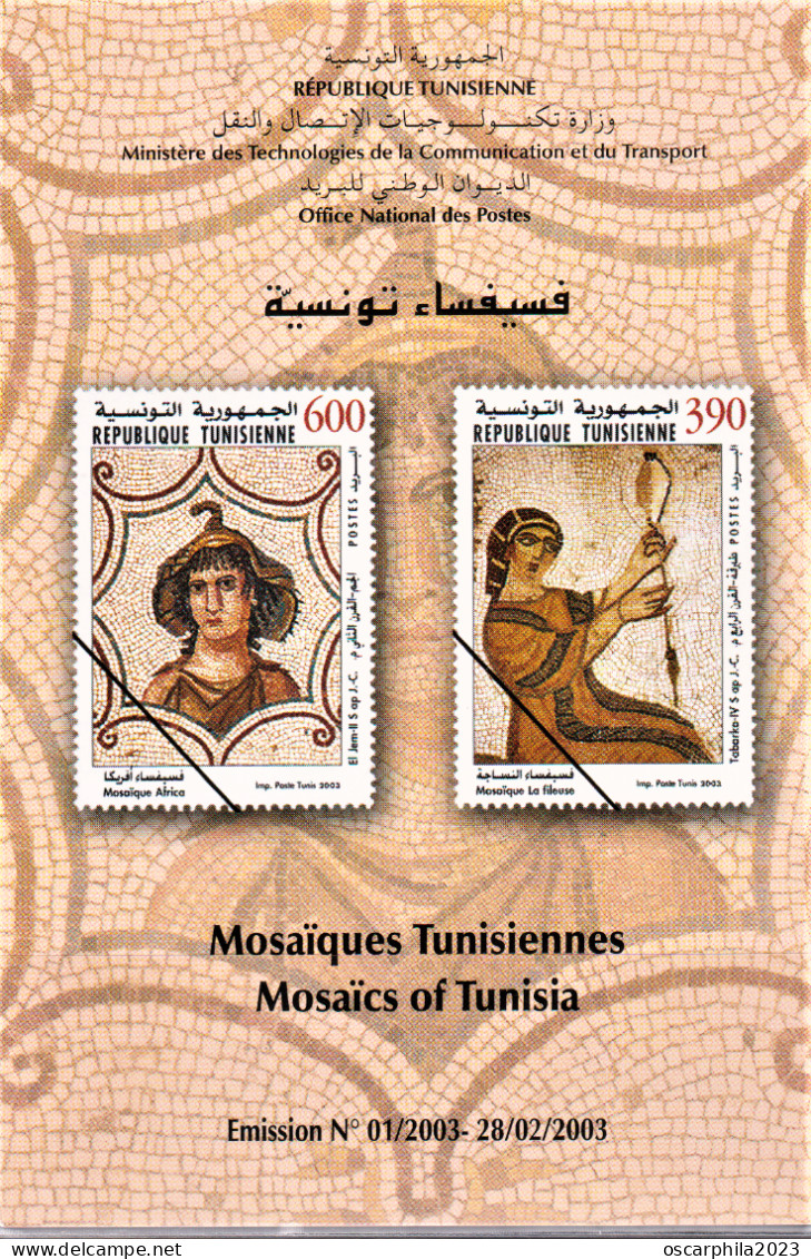 2003-Tunisie/Y&T 1476-1477- Art, Moisaïques Tunisiennes/ "La Fileuse" Tabarka & "Africa"El Jem -  Prospectus - Arqueología