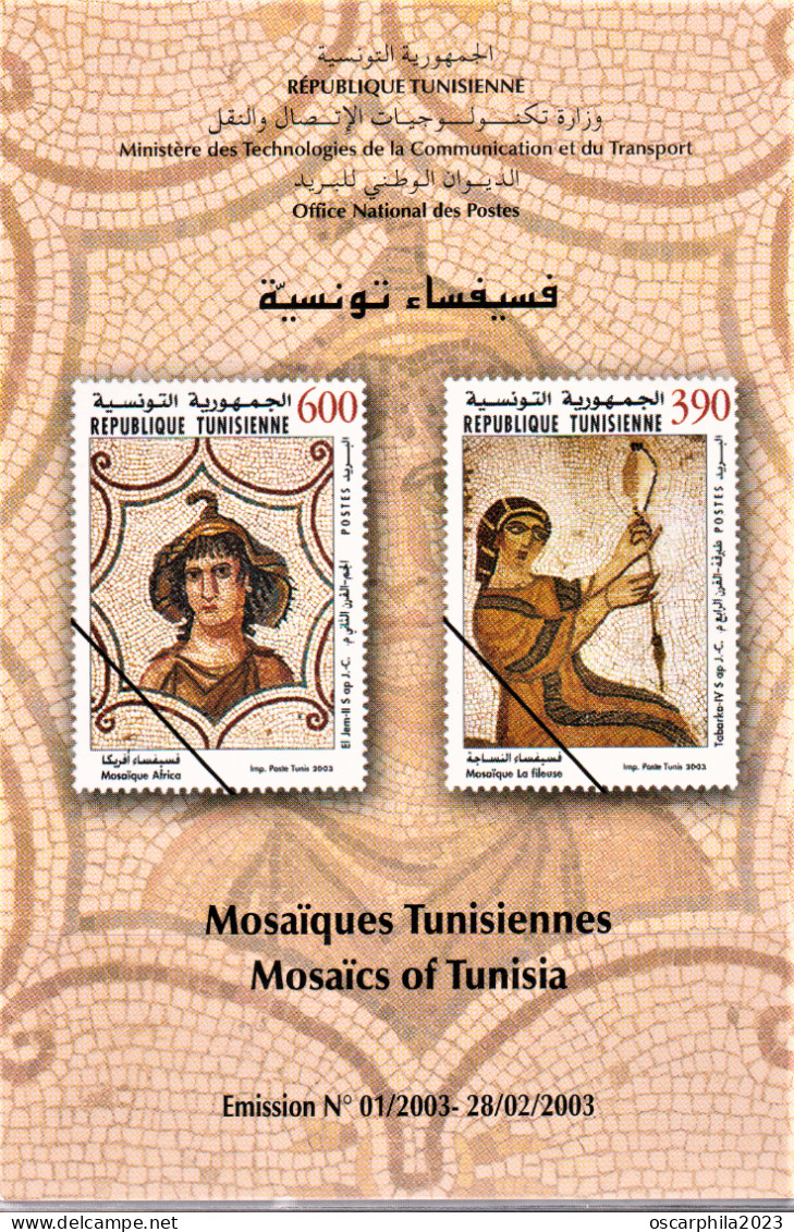 2003-Tunisie/Y&T 1476-1477- Art, Moisaïques Tunisiennes/ "La Fileuse" Tabarka & "Africa"El Jem -  Prospectus - Musei