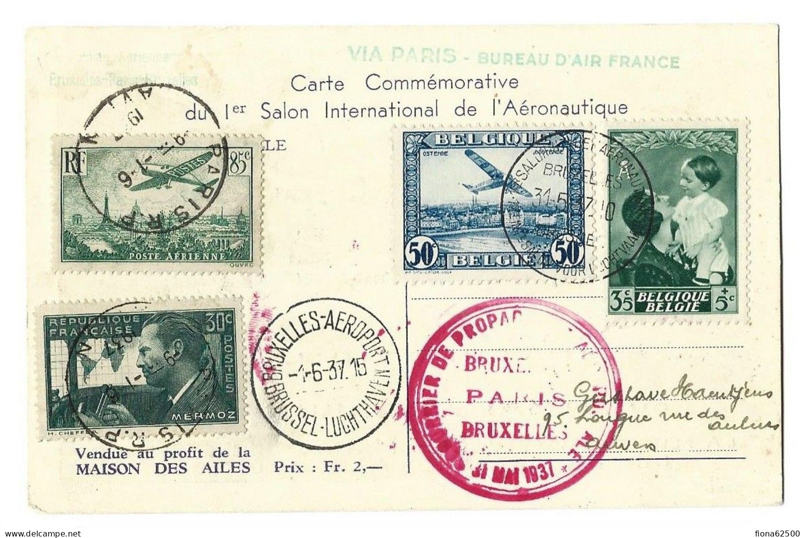 BELGIQUE . 1er SALON INTERNATIONAL AERONAUTIQUE . DU 26 MAI AU 8 JUIN 1937 . BRUXELLE . - Storia Postale