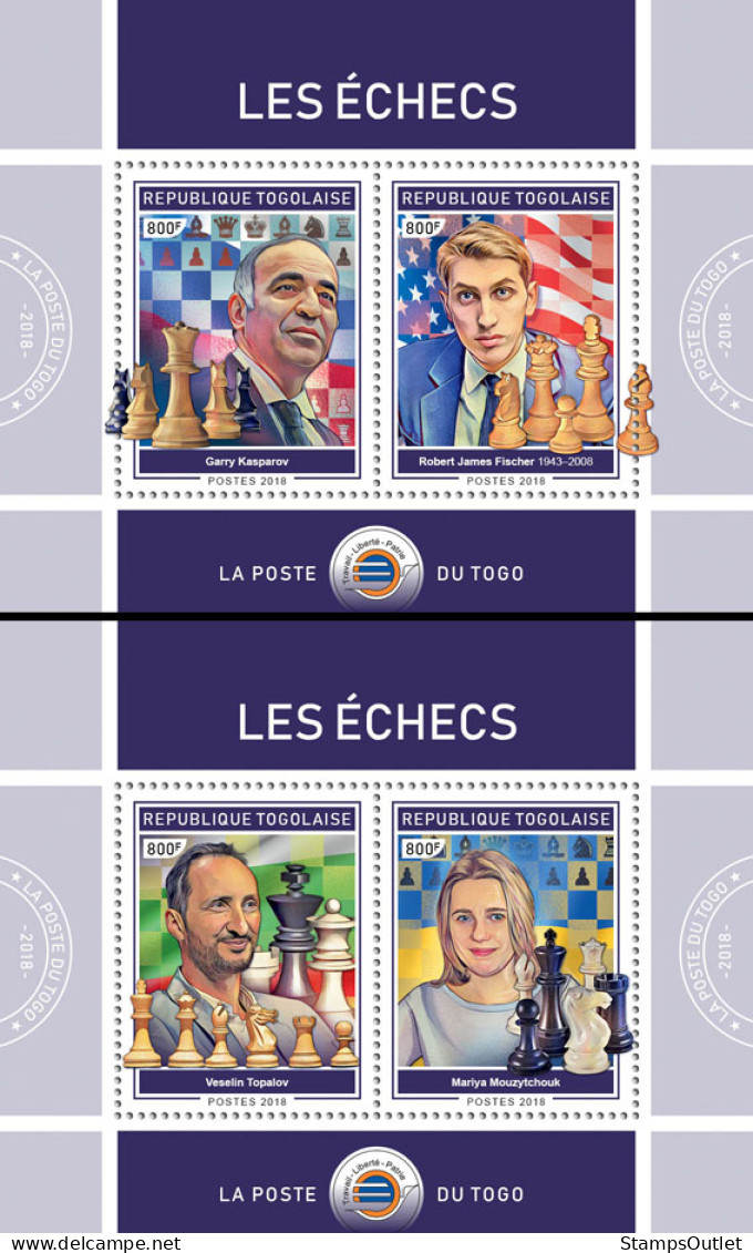 TOGO 2018 MNH  Chess (II)  Michel Code:  9210-9213 / Bl.1645-1646. Yvert&Tellier Code: 1457-1458 - Togo (1960-...)