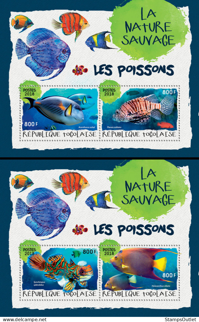 TOGO 2018 MNH  Fishes (I)  Michel Code: 9166-9169 / Bl.1623-1624. Yvert&Tellier Code: 1473-1474 - Togo (1960-...)