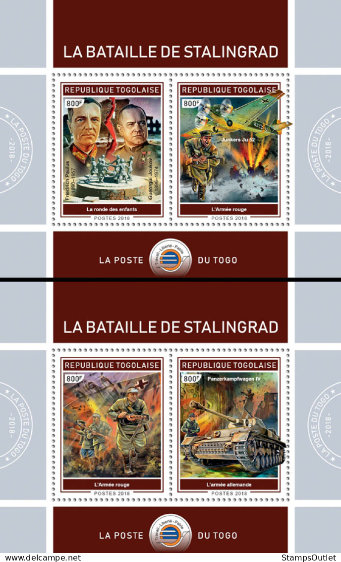 TOGO 2018 MNH  Battle Of Stalingrad (I)  Michel Code:  9258-9261 / Bl.1669-1670. Yvert&Tellier Code: 1491-1492 - Togo (1960-...)