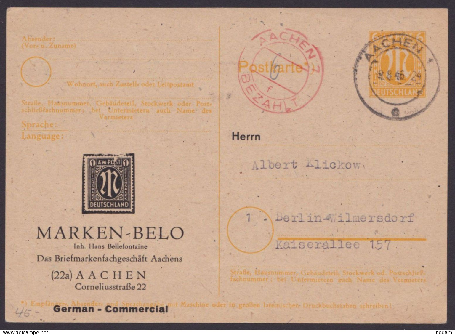 Aachen 7: PB 06, Bedarf Mit Zudruck "Marken-Belo" - Covers & Documents