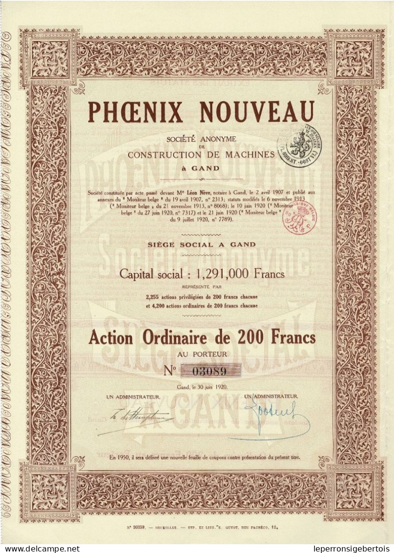 - Titre De 1920 - Phoenix Nouveau -Société Anonyme De Construction De Machines à Gand - - Industrie