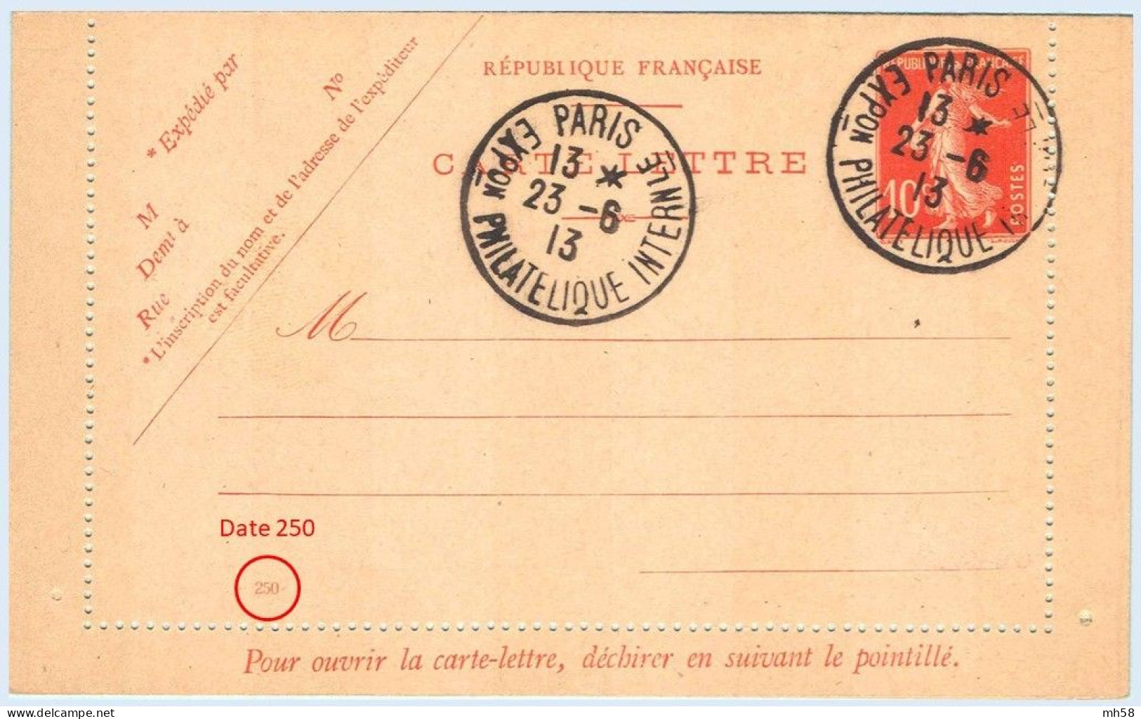 Entier FRANCE - Carte-lettre Date 250 Obl. Expo Philatélique Paris 1913 - 10c Semeuse Rouge - Kaartbrieven