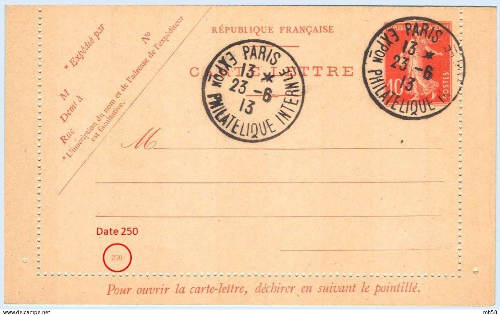 Entier FRANCE - Carte-lettre Date 250 Obl. Expo Philatélique Paris 1913 - 10c Semeuse Rouge - Cartoline-lettere