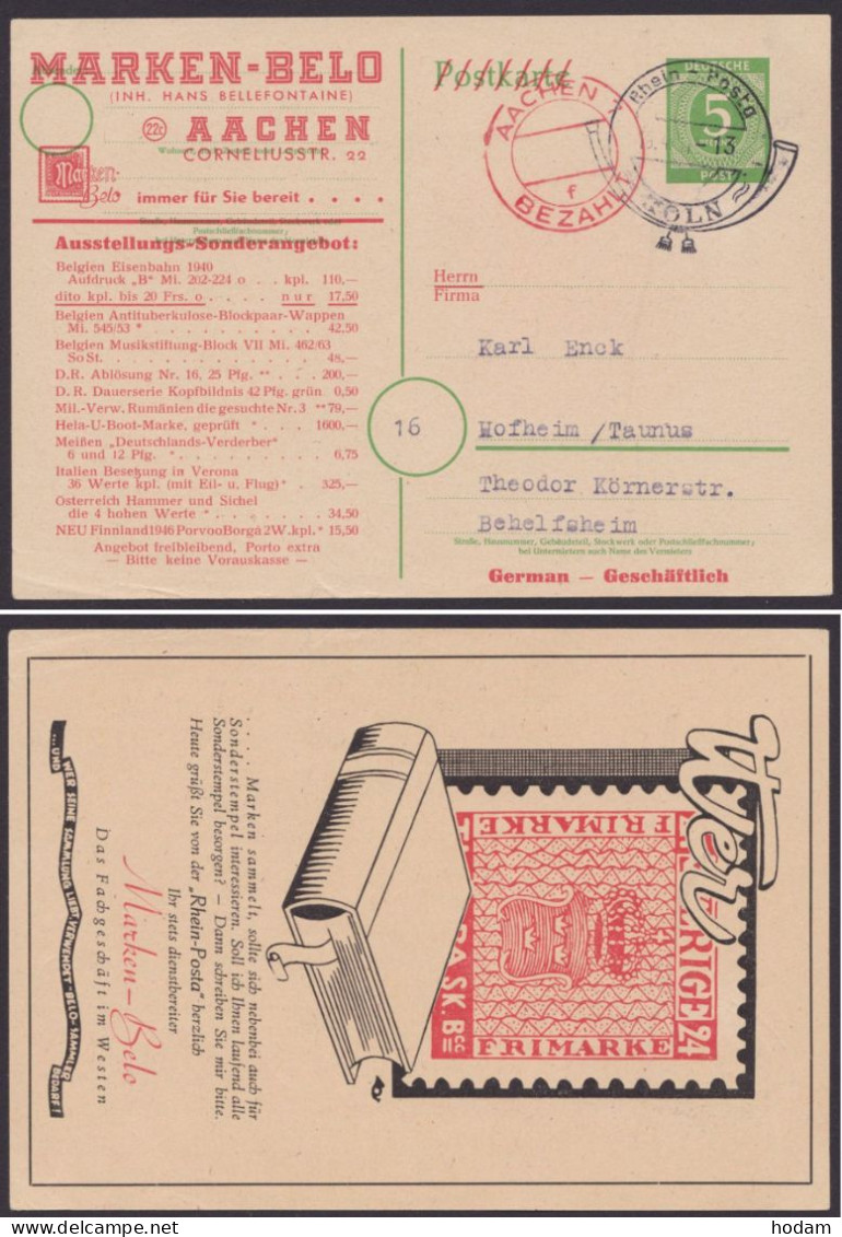 Aachen 7: Karte Mit Rotem "bezahlt", Zudruck "Marken-Belo" - Lettres & Documents