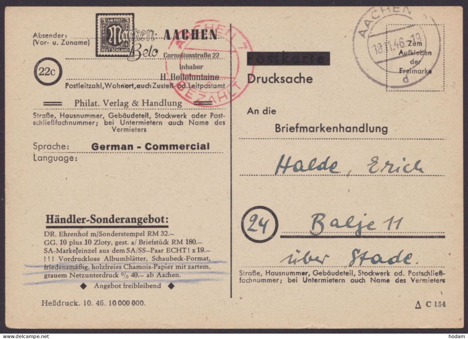 Aachen 7: Roter Stempel "bezahlt", Drucksache Mit Zudruck Marken-Belo, Bedarf 18.11.46 - Brieven En Documenten