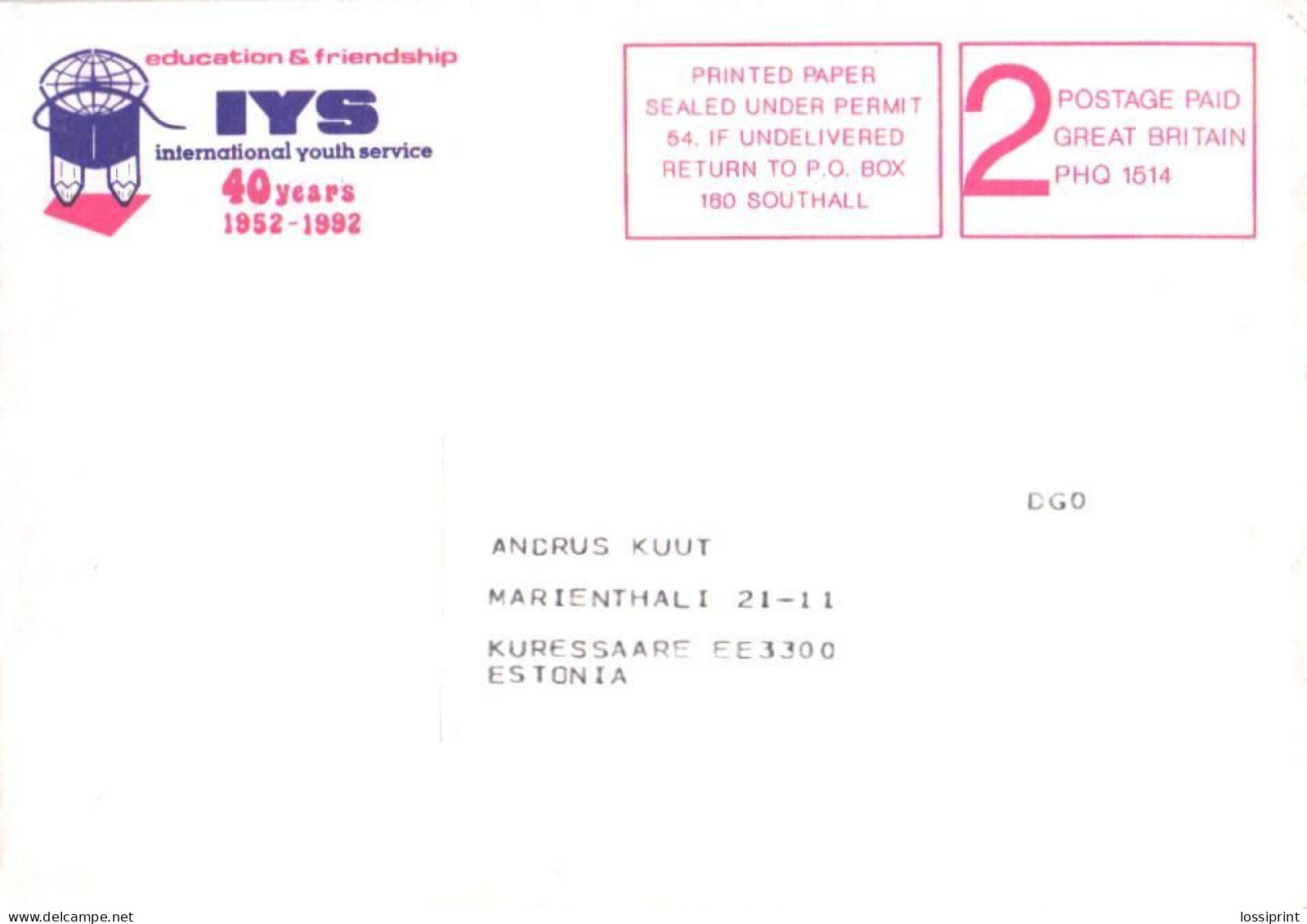 United Kingdom:Postage Paid Cover, IYS, International Youth Service, 2000 - Dienstmarken