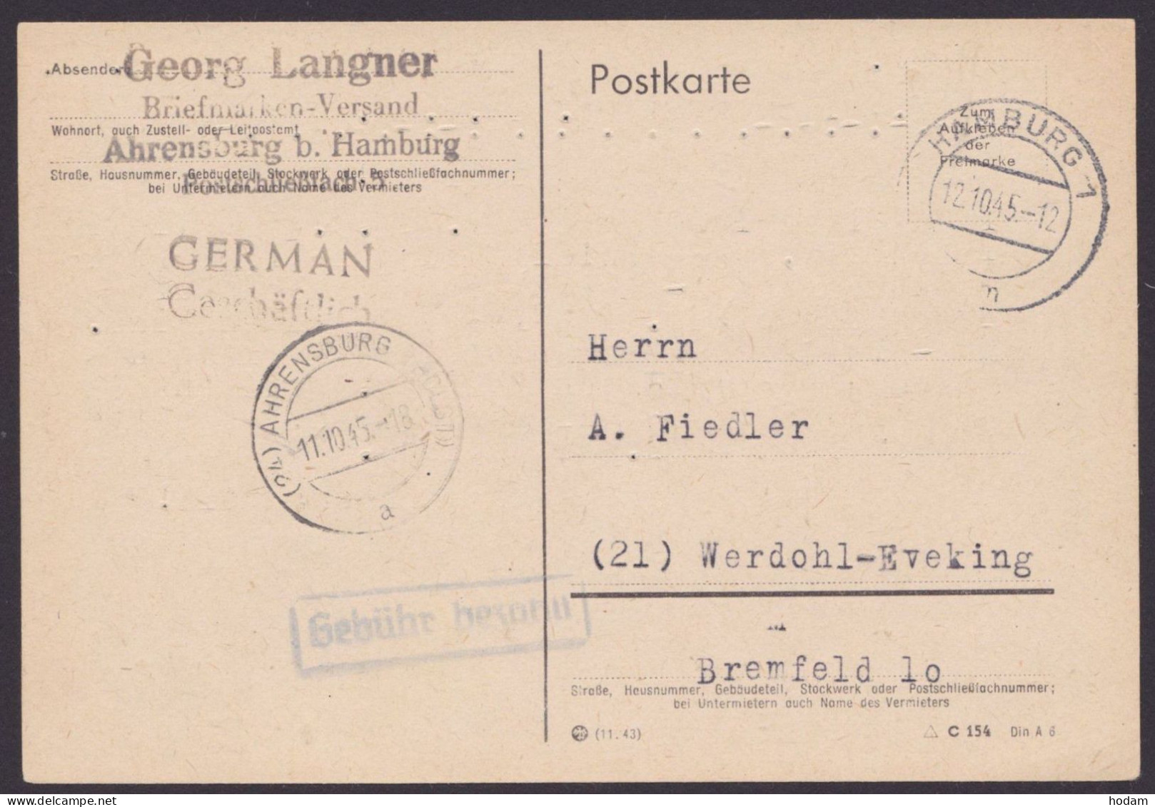 Ahrensburg: Bedarf "Hamburg", 12.10.45 Mit Ra "Gebühr Bezahlt" - Storia Postale